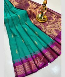 cyan blue colour gadwal cotton sarees with temple border design