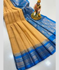brown and blue colour gadwal cotton sarees with temple border design