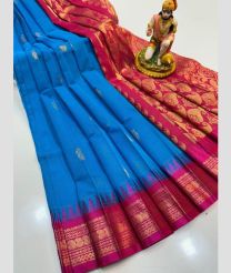 blue and magenta colour gadwal cotton sarees with temple border design