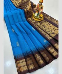 blue and brown colour gadwal cotton sarees with temple border design