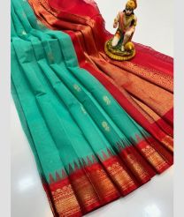 cyan blue colour gadwal cotton sarees with temple border design