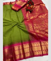 olive green colour gadwal cotton sarees with All over Checks design