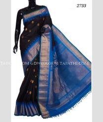 Dark Chocolate and Blue gadwal pattu sarees with temple Kuttu border design - GDWP0005751