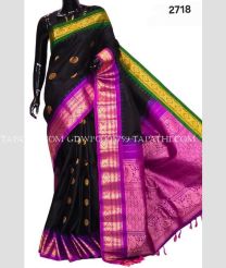 Black and Magenta gadwal pattu sarees with temple Kuttu border design - GDWP0005759