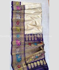 Cream and Navy Blue gadwal pattu sarees with turning border design - GDWP0005866
