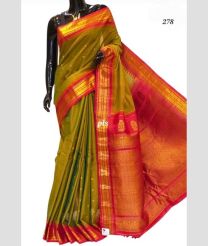 Leafy Green and Pink gadwal pattu sarees with Temple Border design