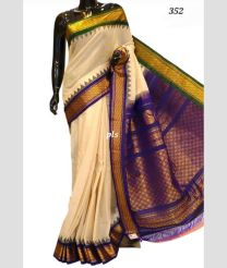 Cream and Blue gadwal pattu sarees with Temple Border design