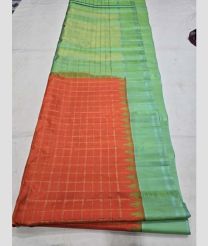 Orange and Fern Green gadwal pattu sarees with All over Checks design