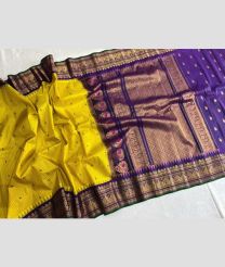 Yellow and Purple gadwal pattu sarees with Temple Border design