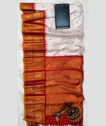 White and Red gadwal pattu sarees with All over Checks and Buttas design
