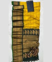 Yellow and Green gadwal pattu sarees with All over Checks and Buttas design