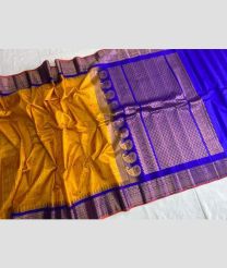 Mustard Yellow and Royal Blue gadwal pattu sarees with All over Checks and Buttas design