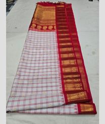 Half White and Crimson gadwal pattu sarees with All over Buttas design
