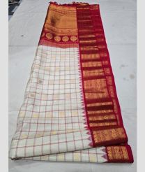 Half White and Red gadwal pattu sarees with All over Buttas design