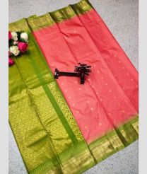 coral and olive green colour gadwal pattu sarees with All over Buttas design
