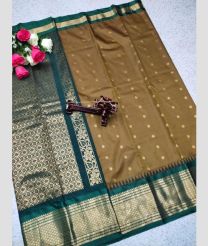 coffee and silver colour gadwal pattu sarees with All over Buttas design