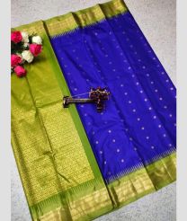 blue and olive green colour gadwal pattu sarees with All over Buttas design