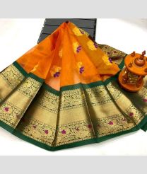 orange and brown colour gadwal pattu sarees with All over Buttas design
