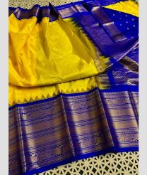 blue and yellow colour gadwal pattu sarees with Temple Border design