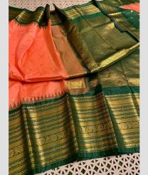coral and brown colour gadwal pattu sarees with Temple Border design