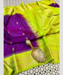 purple and olive colour gadwal pattu sarees with Temple Border design