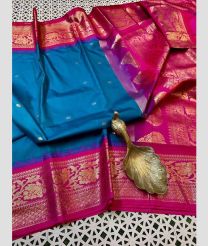 blue and magenta colour gadwal pattu sarees with Temple Border design