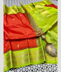 orange and olive colour gadwal pattu sarees with Temple Border design