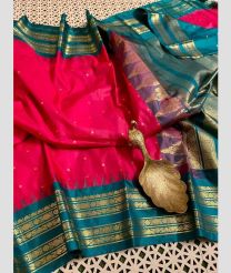 magenta and blue colour gadwal pattu sarees with Temple Border design