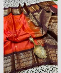 coral and brown colour gadwal pattu sarees with Temple Border design