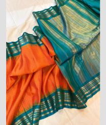 orange and silver colour gadwal pattu sarees with temple Kuttu border design