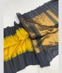 yellow and brown colour gadwal pattu sarees with temple Kuttu border design
