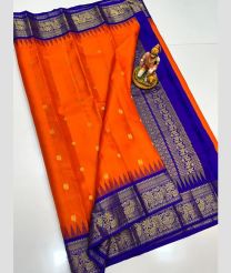 orange and silver colour gadwal pattu sarees with All over Buttas design