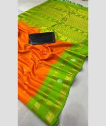 orange and green colour gadwal pattu sarees with All over Buttas design