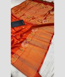 orange colour gadwal pattu sarees with All over Buttas design