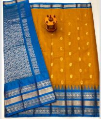 Blue and Mustard Yellow gadwal sico sarees with Kanchi Border design