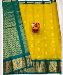 Medium Teal and Lite Yellow gadwal sico sarees with Kanchi Border design