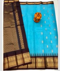 Dark Chocolate and Sky Blue gadwal sico sarees with Kanchi Border design