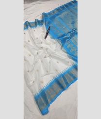 White and Lite Blue gadwal sico sarees with temple kuttu border design