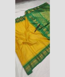 Yellow and Lite Green gadwal sico sarees with temple kuttu border design