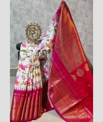 white and magenta colour gadwal sico sarees with temple kuttu border design