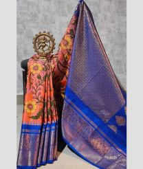 coral and silver colour gadwal sico sarees with temple kuttu border design