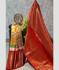 brown and green colour gadwal sico sarees with temple kuttu border design