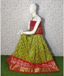 Acid Green and Red ikkat lehengas with all over pochampally ikkat design
