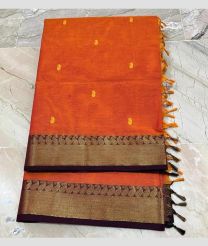 Orange and Dark Chocolate kanchi cotton sarees with All over Buttas design