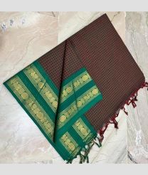 Chocolate and Teal kanchi cotton sarees with All over Checks design