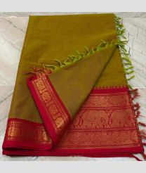 olive green colour kanchi cotton sarees with Line Border design