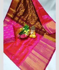 pink and brown colour kanchi cotton sarees with Line Border design