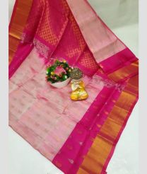 pink and ruby colour kanchi cotton sarees with Line Border design