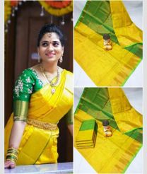 yellow and green colour kanchi cotton sarees with All over design