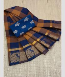 brown and blue colour kanchi cotton sarees with Line Border design